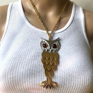 Large Vintage Owl Pendant Necklace Articulated Gold Silver Tone
